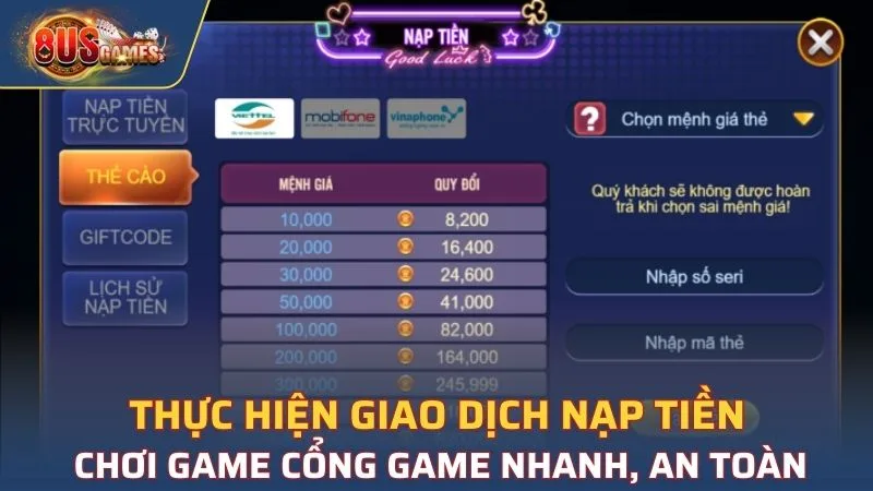 Thực hiện giao dịch nạp tiền chơi game cổng game nhanh, an toàn