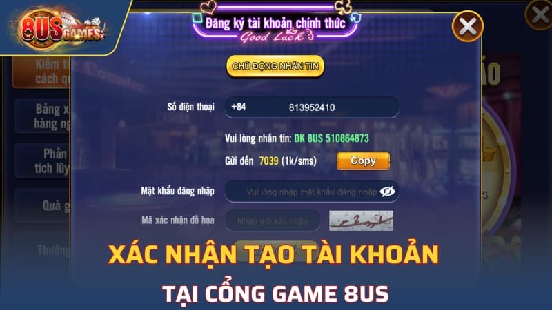 Xác nhận tạo tài khoản tại cổng game 8US